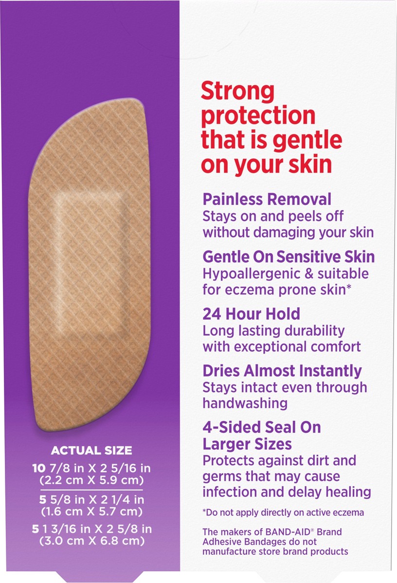 slide 3 of 8, BAND-AID Adhesive Bandages for Sensitive Skin, Hypoallergenic Bandages with Painless Removal, Stays on When Wet and Suitable for Eczema Prone Skin, Sterile, Assorted Sizes, 20 ct, 20 ct