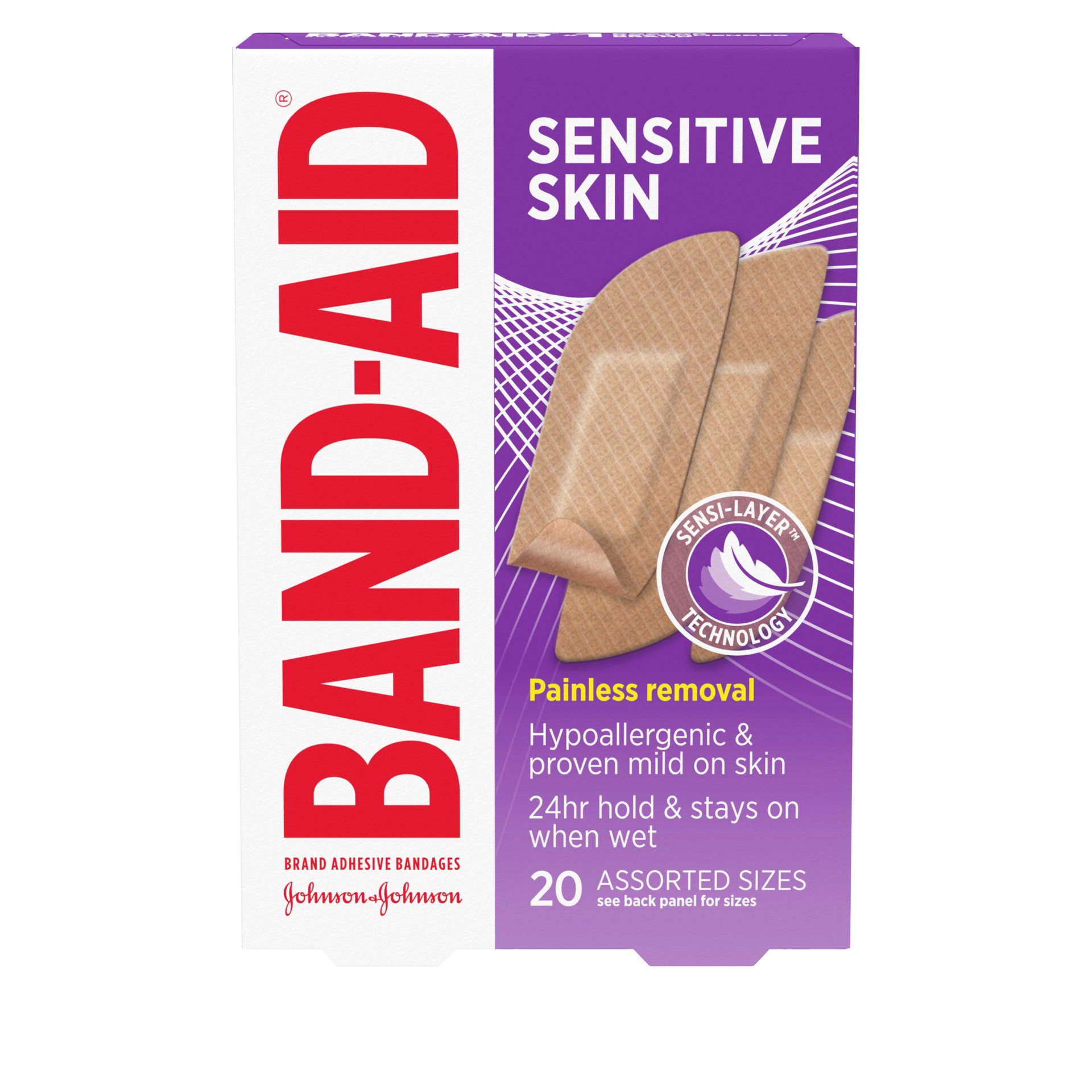 slide 1 of 8, BAND-AID Adhesive Bandages for Sensitive Skin, Hypoallergenic Bandages with Painless Removal, Stays on When Wet and Suitable for Eczema Prone Skin, Sterile, Assorted Sizes, 20 ct, 20 ct