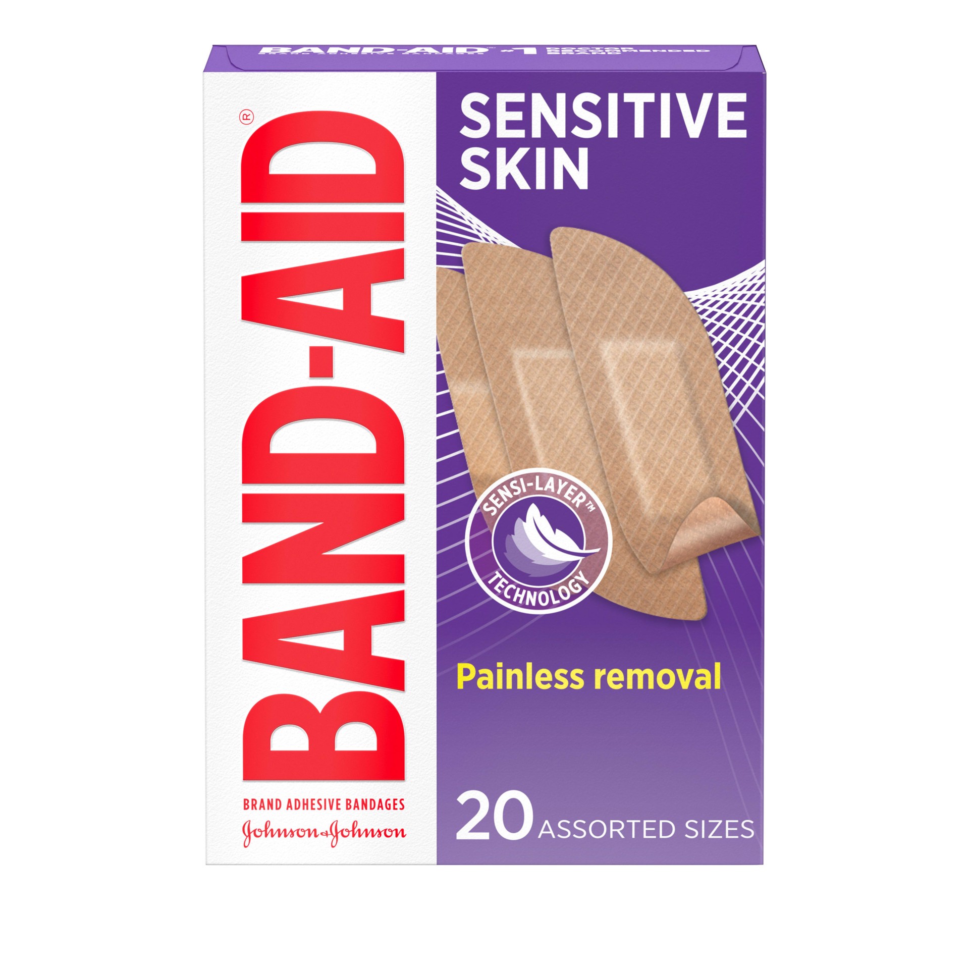 slide 1 of 8, BAND-AID Adhesive Bandages for Sensitive Skin, Hypoallergenic Bandages with Painless Removal, Stays on When Wet and Suitable for Eczema Prone Skin, Sterile, Assorted Sizes, 20 ct, 20 ct
