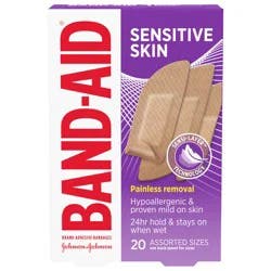 BAND-AID Brand Adhesive Bandages for Sensitive Skin, Assorted, 20 ct