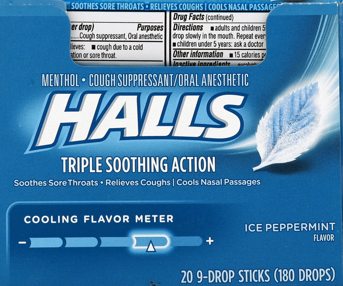 slide 1 of 5, HALLS Relief Ice Peppermint Cough Drops, 20 Sticks of 9 Drops (180 Total Drops), 1.46 lb