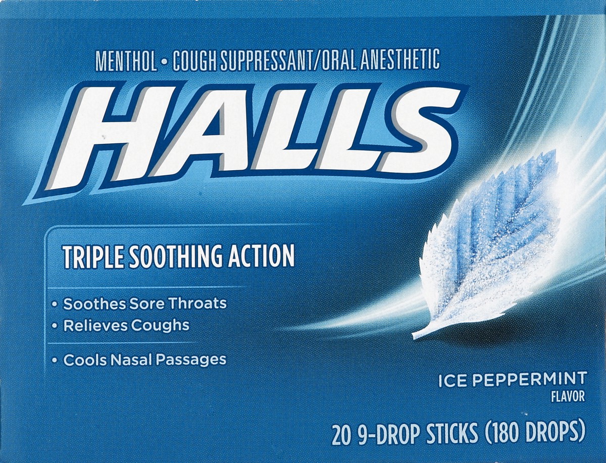 slide 4 of 5, HALLS Relief Ice Peppermint Cough Drops, 20 Sticks of 9 Drops (180 Total Drops), 1.46 lb