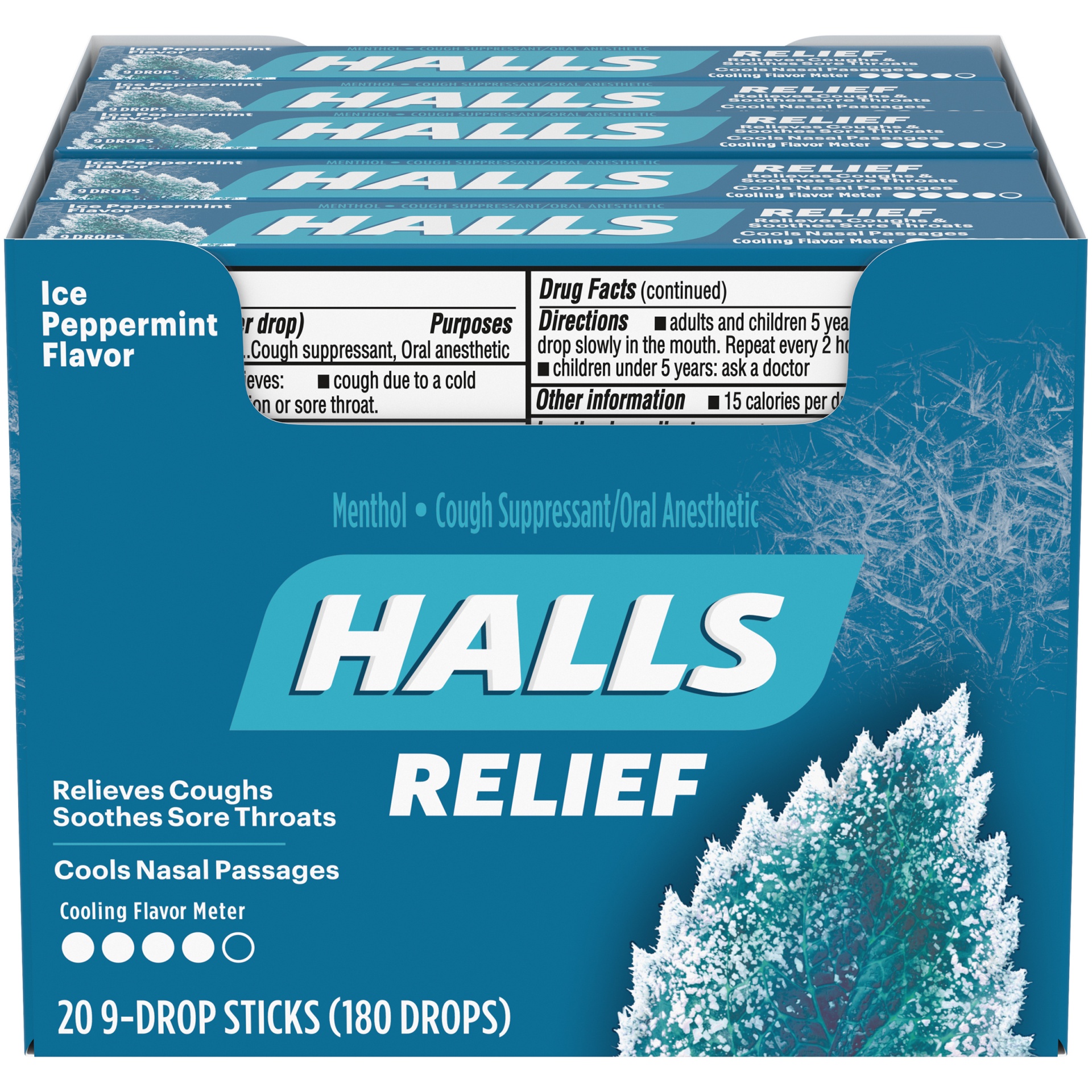 slide 1 of 1, HALLS Relief Ice Peppermint Cough Drops, 20 Sticks of 9 Drops (180 Total Drops), 1.46 lb