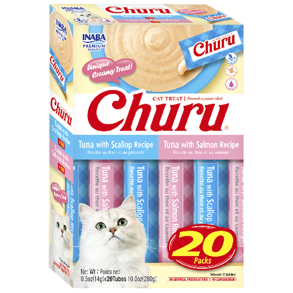 slide 1 of 4, Inaba Churu Tuna with Scallop Recipe/Tuna with Salmon Recipe Cat Treat 20 - 0.5 oz Tubes, 20 ct