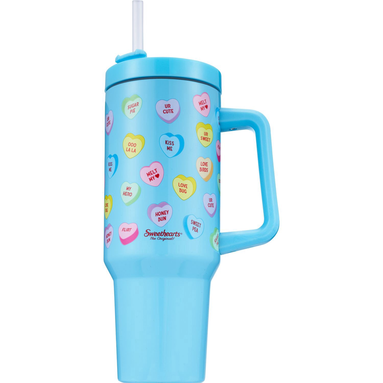 slide 1 of 1, Sweetheartsâ The Original! All Over Hearts Insulated Tumbler With Handle, Blue, 40 Oz, 1 ct