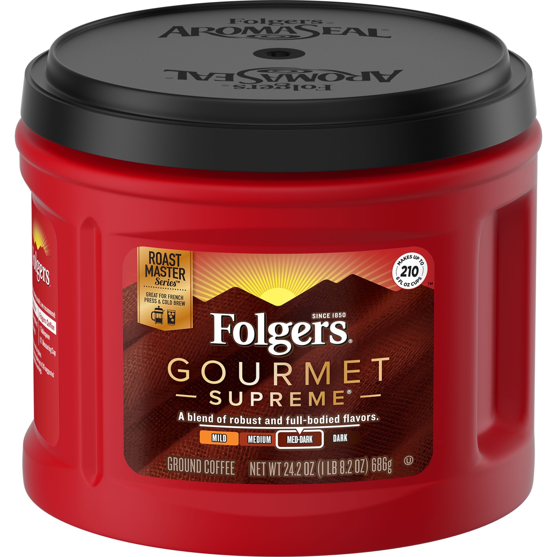 slide 1 of 7, Folgers Gourmet Supreme Dark Roast Ground Coffee, 24.2 oz