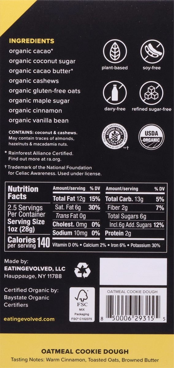 slide 5 of 9, EVOLVED Organic Filled Oatmeal Cookie Dough Chocolate Bar 2.5 oz, 2.5 oz