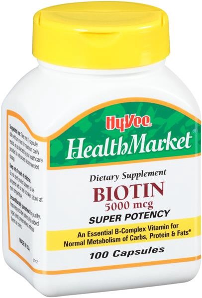 slide 1 of 1, Hy-Vee HealthMarket Biotin Dietary Supplement 5000Mcg Super Potency Capsules, 100 ct