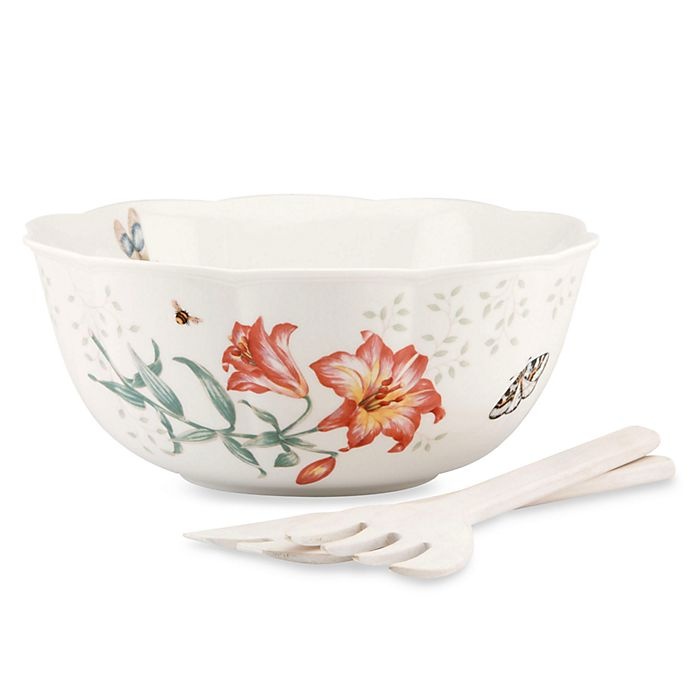 slide 1 of 1, Lenox Butterfly Meadow Salad Bowl with Wood Servers, 11 in