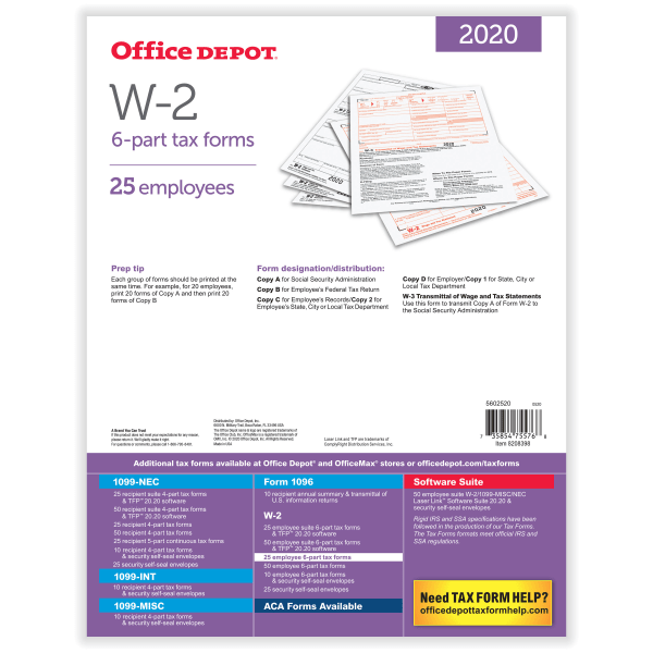 slide 2 of 3, Office Depot Brand W-2 Laser Tax Forms, 2-Up, 6-Part, 8-1/2'' X 11'', Pack Of 25 Form Sets, 25 ct