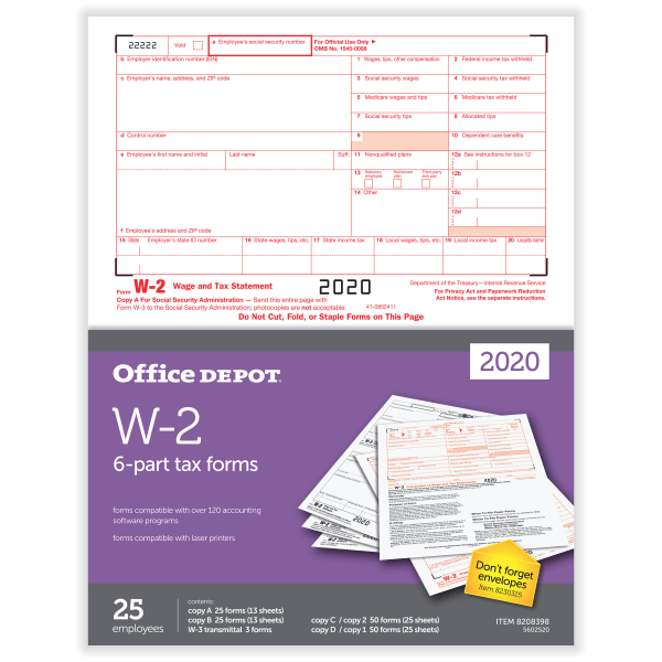 slide 1 of 3, Office Depot Brand W-2 Laser Tax Forms, 2-Up, 6-Part, 8-1/2'' X 11'', Pack Of 25 Form Sets, 25 ct