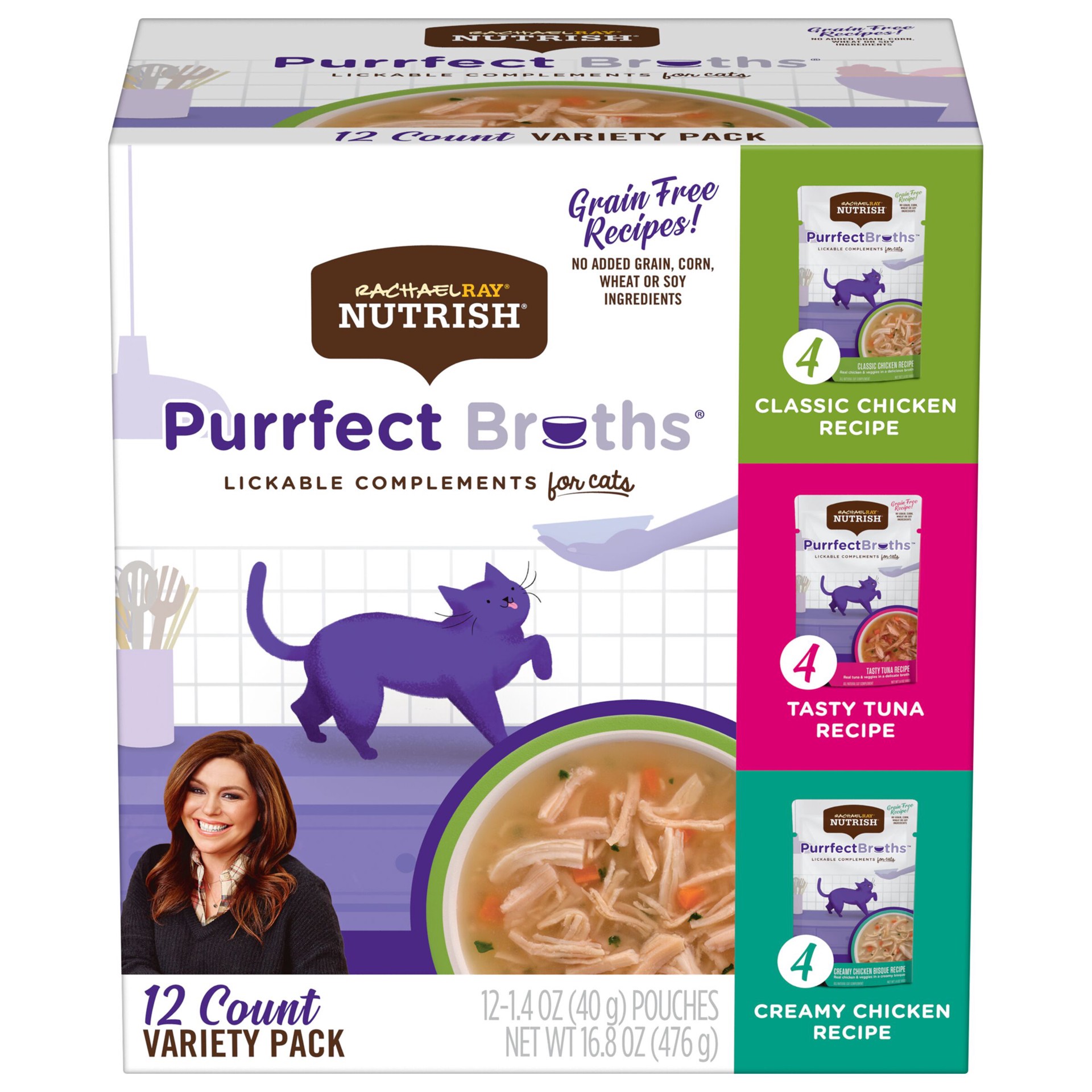 slide 1 of 8, Rachael Ray Nutrish Purrfect Broths Variety Pack, Lickable Complements for Cats, 1.4 oz. Pouch, 12 Count, 16.8 oz