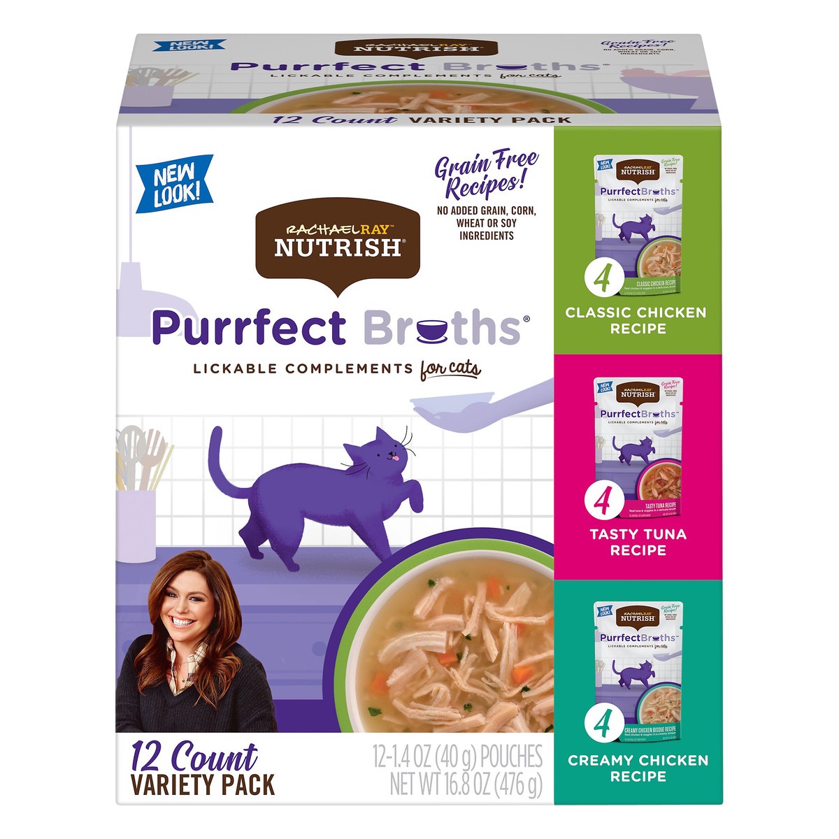 slide 1 of 8, Rachael Ray Nutrish Purrfect Broths Variety Pack, Lickable Complements for Cats, 1.4 oz. Pouch, 12 Count, 16.8 oz