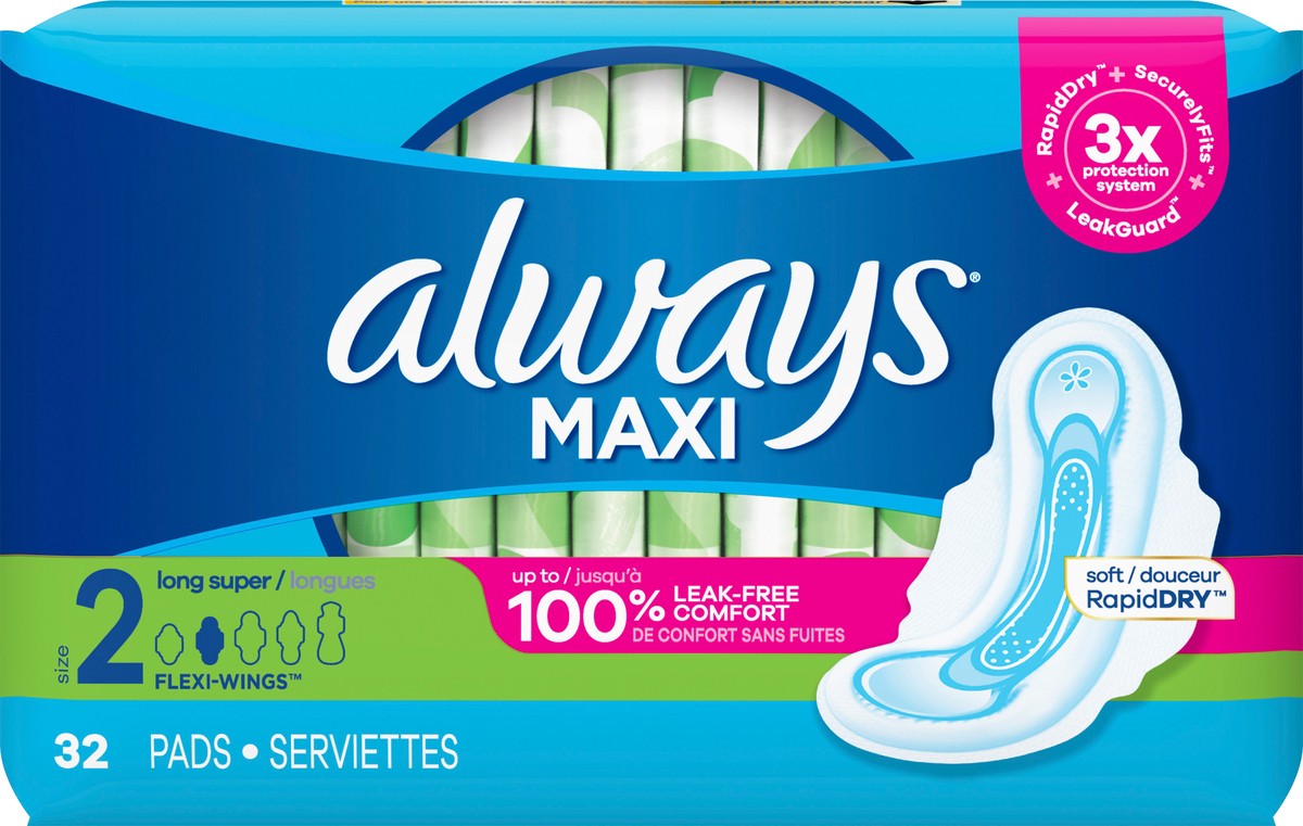 slide 2 of 2, Always Maxi Feminine Pads with Wings for Women, Size 2, Long Super Absorbency, Unscented 32 Count, Size 2