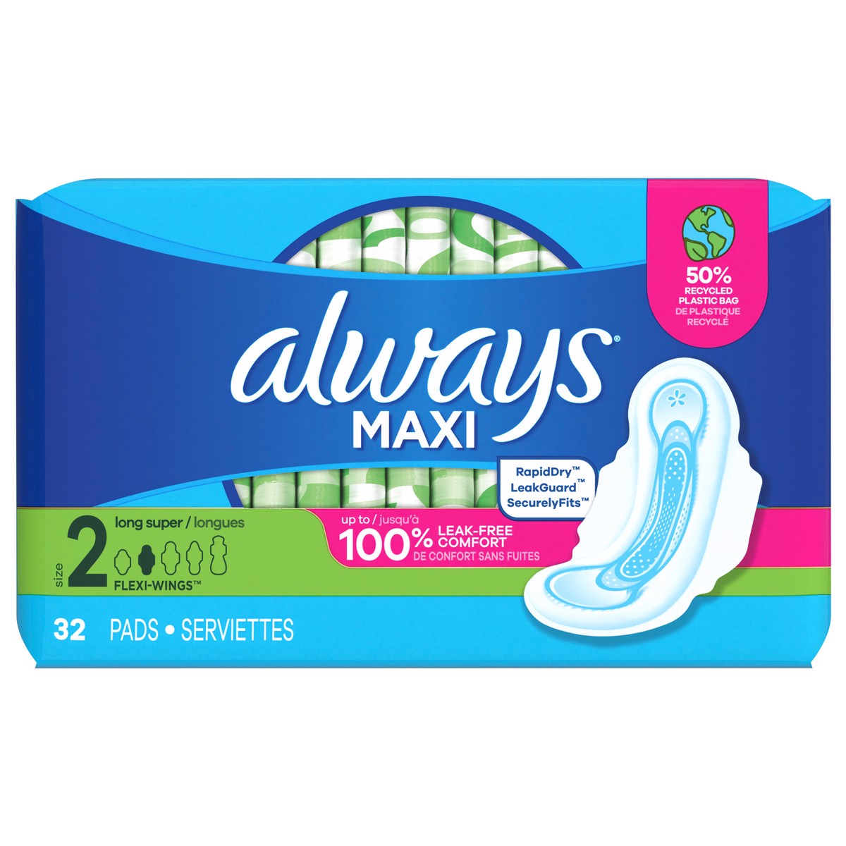 slide 1 of 2, Always Maxi Feminine Pads with Wings for Women, Size 2, Long Super Absorbency, Unscented 32 Count, Size 2