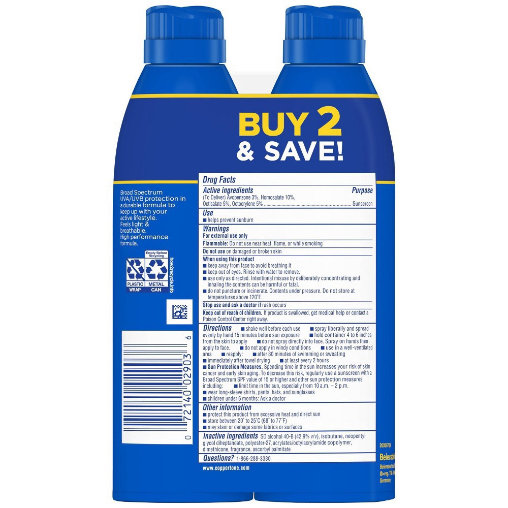 slide 4 of 8, Coppertone Sport Sunscreen Spray Broad Spectrum SPF 50 Twin Pack - 2-5.5 Fl. Oz., 2 ct; 5.5 oz