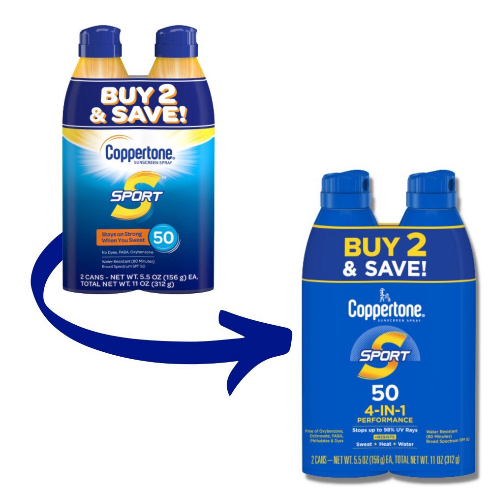 slide 2 of 8, Coppertone Sport Sunscreen Spray Broad Spectrum SPF 50 Twin Pack - 2-5.5 Fl. Oz., 2 ct; 5.5 oz