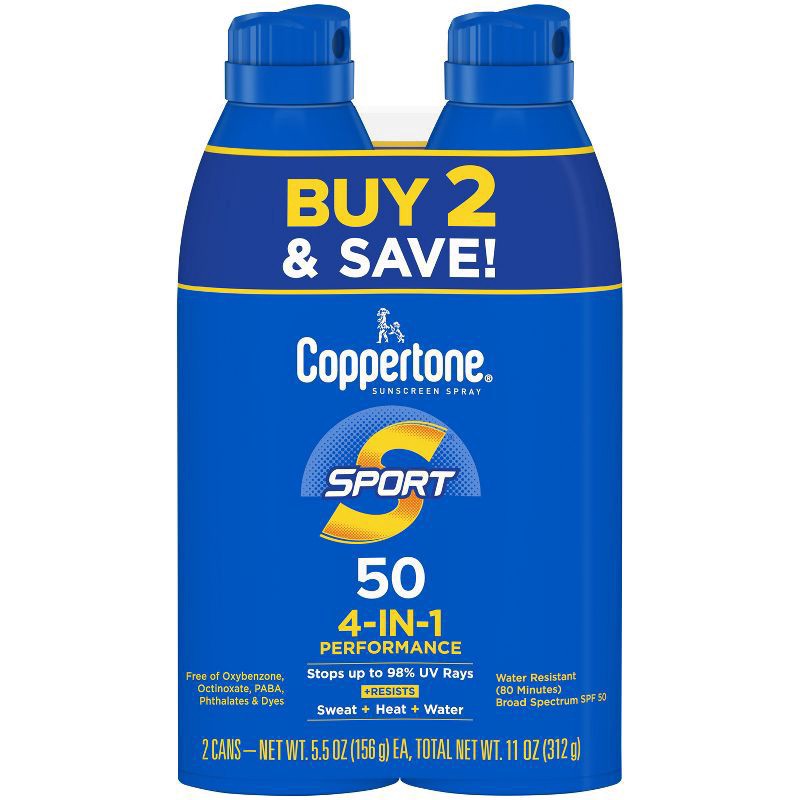 slide 1 of 8, Coppertone Sport Sunscreen Spray Broad Spectrum SPF 50 Twin Pack - 2-5.5 Fl. Oz., 2 ct; 5.5 oz