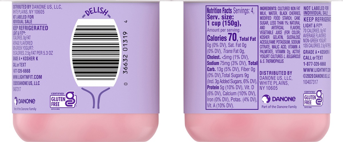 slide 7 of 7, Light + Fit Dannon Light + Fit Cherry Original Nonfat Yogurt Pack, 0 Fat and 70 Calories, Creamy and Delicious Cherry Yogurt, 4 Ct, 5.3 OZ Cups, 5.3 oz