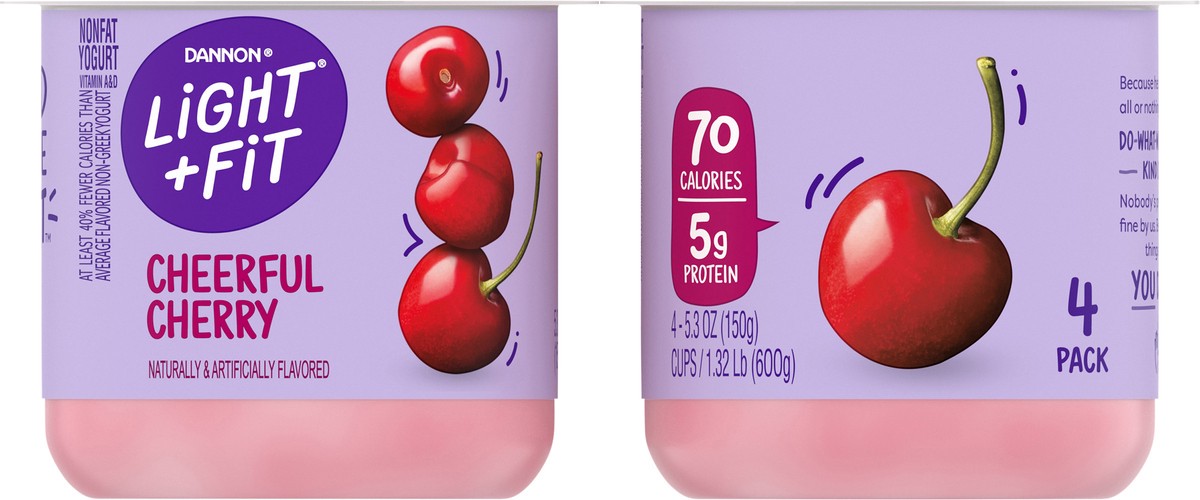 slide 2 of 7, Light + Fit Dannon Light + Fit Cherry Original Nonfat Yogurt Pack, 0 Fat and 70 Calories, Creamy and Delicious Cherry Yogurt, 4 Ct, 5.3 OZ Cups, 5.3 oz