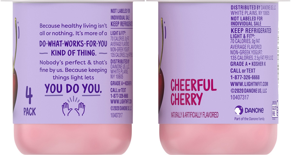 slide 5 of 7, Light + Fit Dannon Light + Fit Cherry Original Nonfat Yogurt Pack, 0 Fat and 70 Calories, Creamy and Delicious Cherry Yogurt, 4 Ct, 5.3 OZ Cups, 5.3 oz