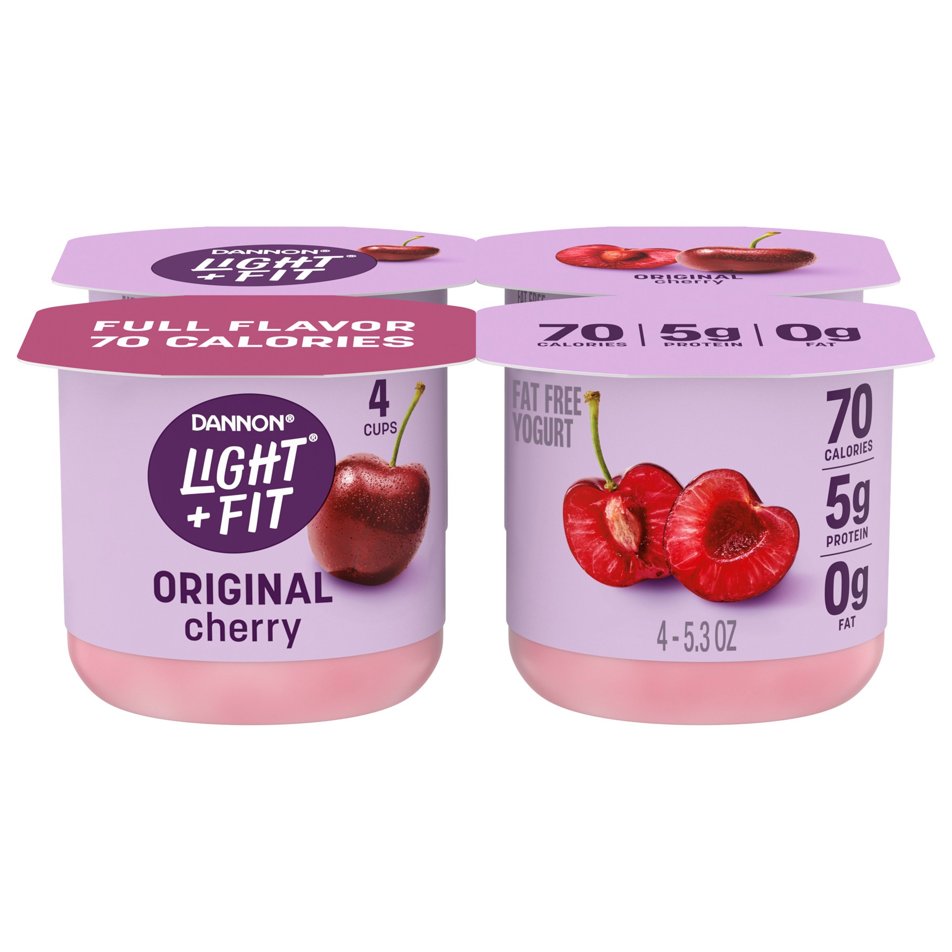 slide 1 of 7, Light + Fit Dannon Light + Fit Cherry Original Nonfat Yogurt Pack, 0 Fat and 70 Calories, Creamy and Delicious Cherry Yogurt, 4 Ct, 5.3 OZ Cups, 5.3 oz