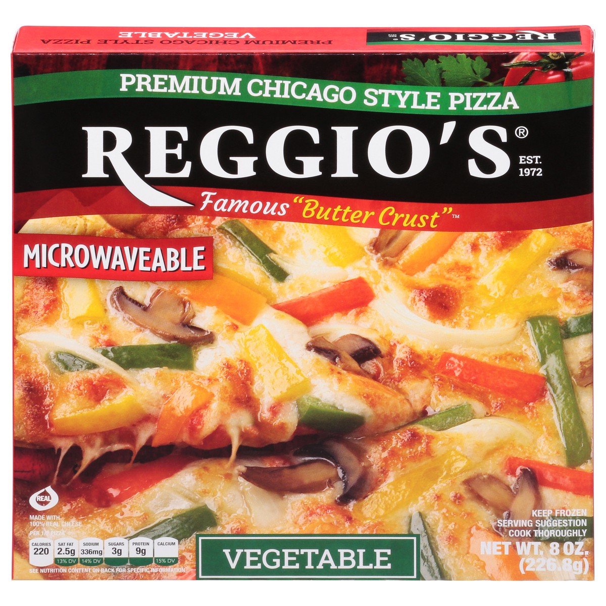slide 13 of 14, Reggio's Microwaveable Premium Chicago Style Vegetable Pizza 8 oz, 8 oz