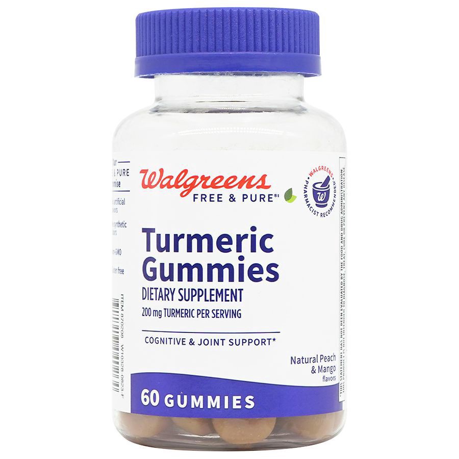 slide 1 of 3, Walgreens Free & Pure Turmeric 200mg Gummies Natural Peach & Mango, 60 ct