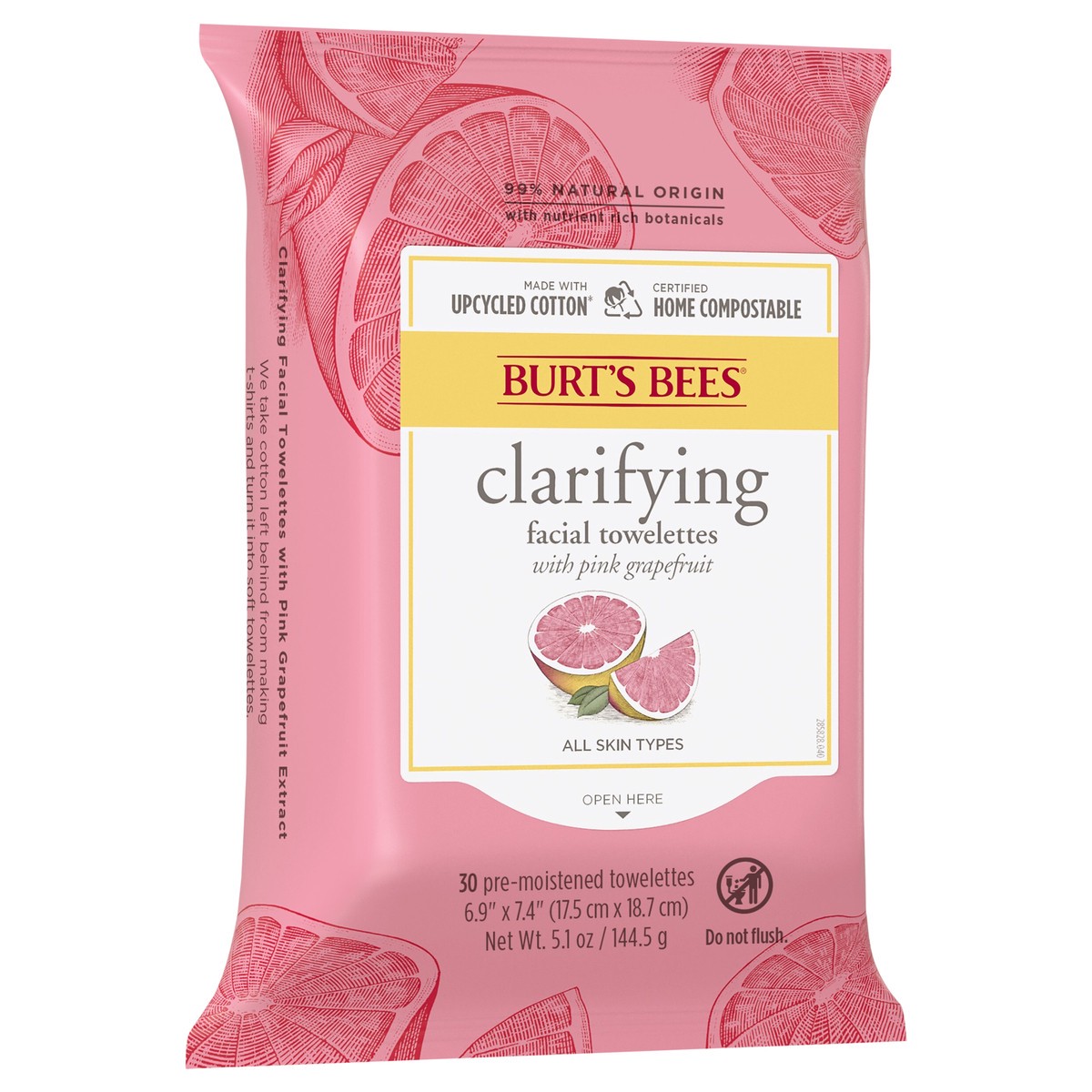 slide 6 of 9, Burt's Bees Clarifying Facial Towelettes With Pink Grapefruit, 99 Percent Natural, 30 ct. Package, 30 ct