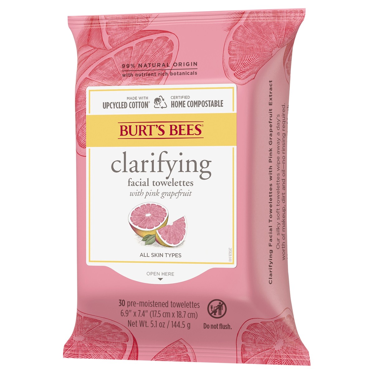 slide 9 of 9, Burt's Bees Clarifying Facial Towelettes With Pink Grapefruit, 99 Percent Natural, 30 ct. Package, 30 ct