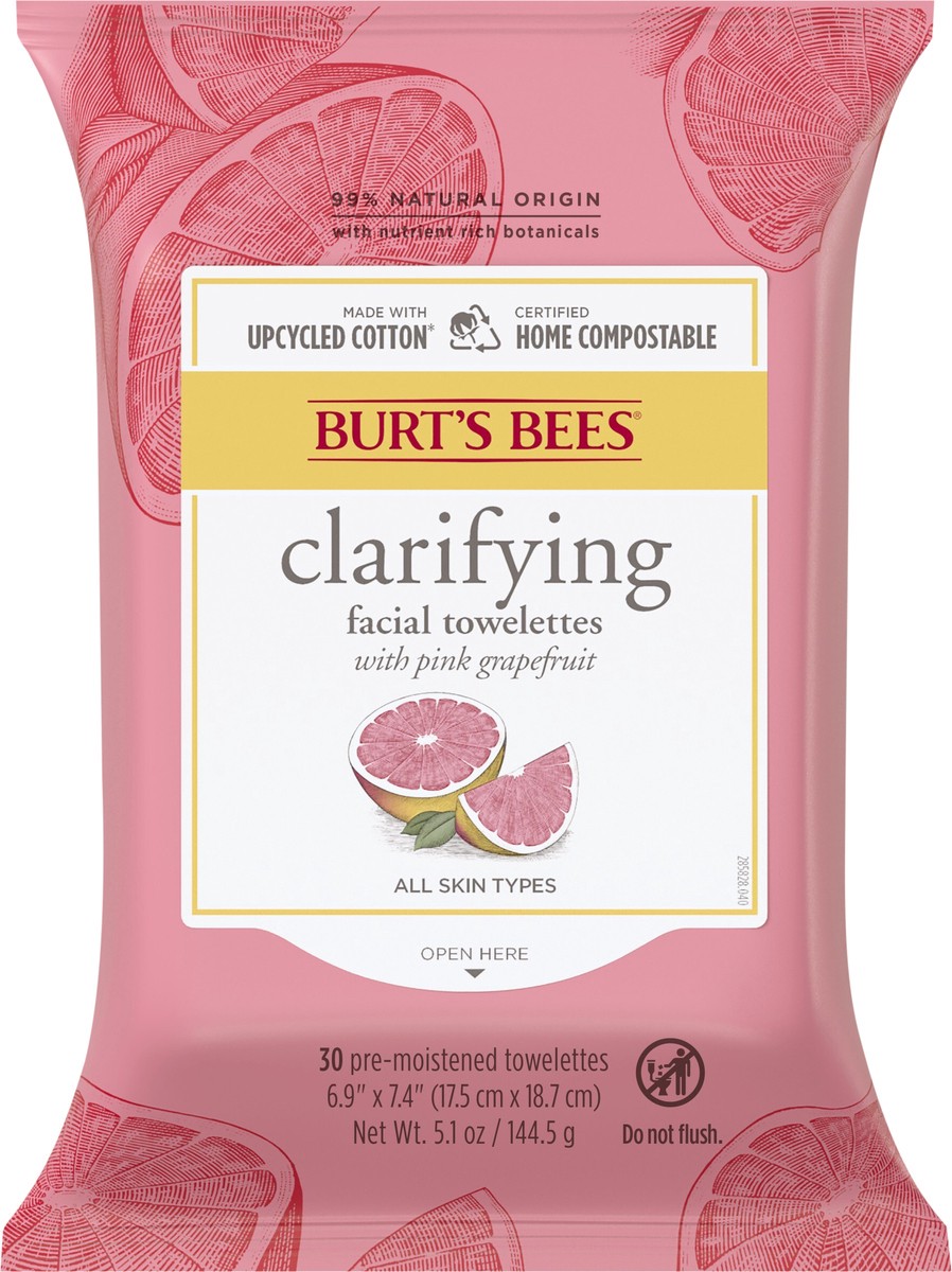 slide 4 of 9, Burt's Bees Clarifying Facial Towelettes With Pink Grapefruit, 99 Percent Natural, 30 ct. Package, 30 ct