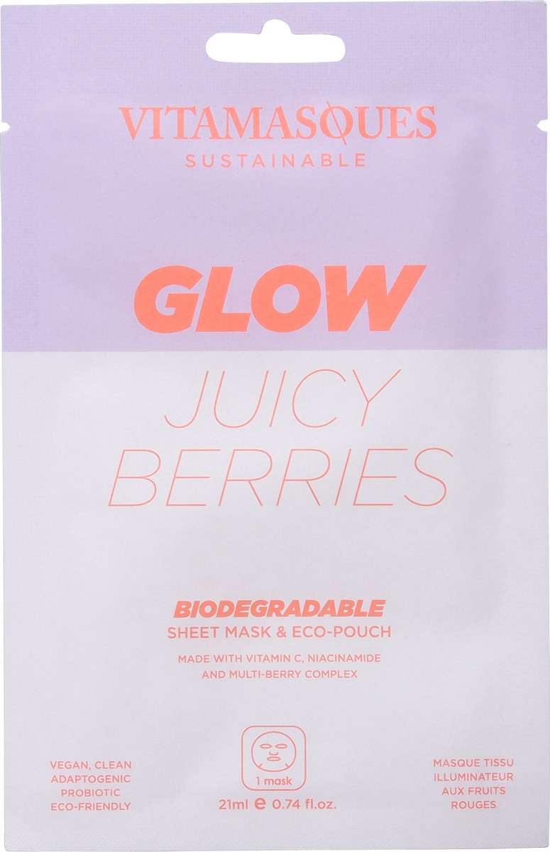 slide 7 of 9, Vitamasques Glow Biodegradable Juicy Berries Sheet Mask & Eco-Pouch 1 ea, 1 ct