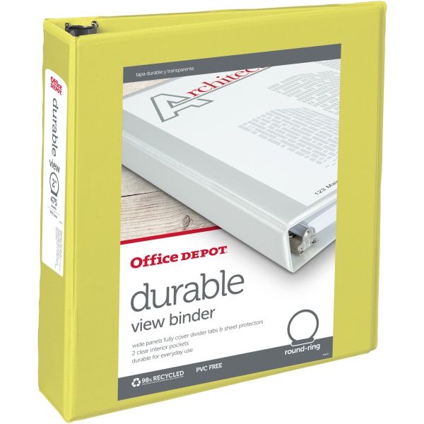 slide 1 of 1, Office Depot Brand Durable View Round-Ring Binders, 2'' Round Rings, Yellow, Pack Of 6 Binders, 6 ct