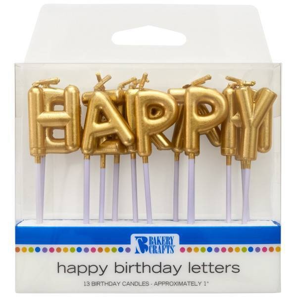 slide 1 of 5, Bakery Crafts Gold Happy Birthday Letter Candles, 13 ct