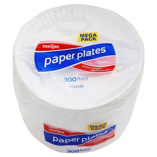 slide 1 of 1, Meijer Basics Coated White Paper Plates 9'', 300 ct