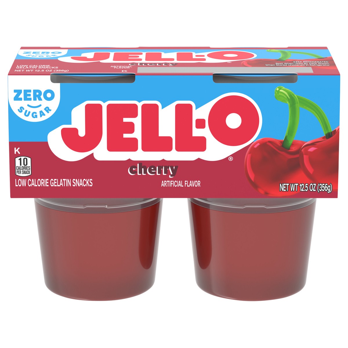 slide 1 of 5, Jell-O Cherry Artificially Flavored Zero Sugar Ready-to-Eat Gelatin Snack Cups, 4 ct Cups, 12.5 oz