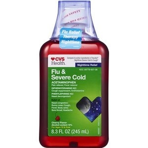 slide 1 of 1, CVS Health Flu & Severe Cold Cherry Liquid, Nighttime, 8.3 fl oz