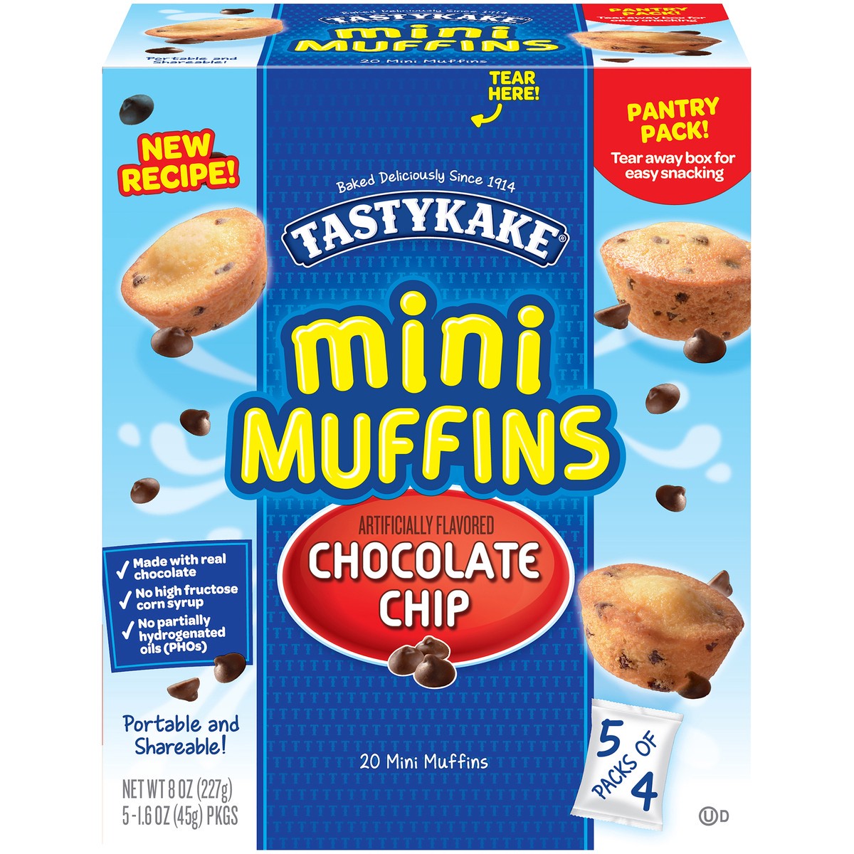 slide 1 of 1, Tastykake Chocolate Chip Mini Muffins, Portable, Chocolate Chip Flavored Muffins, 5 Pouches per Box, 5 ct