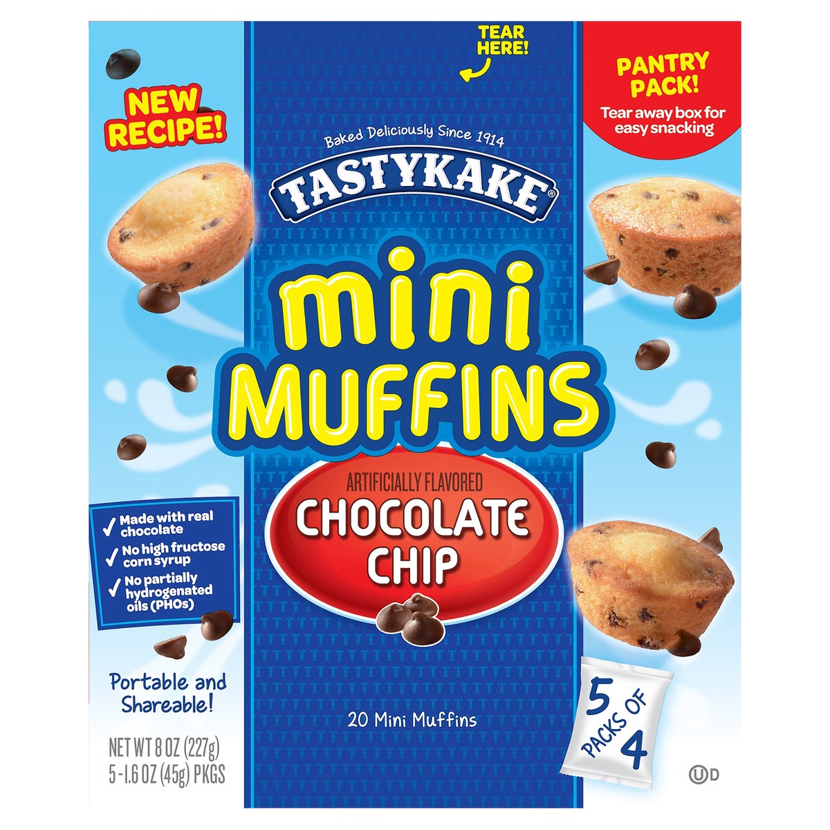 slide 1 of 1, Tastykake Chocolate Chip Mini Muffins, Portable, Chocolate Chip Flavored Muffins, 5 Pouches per Box, 5 ct