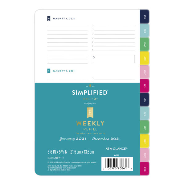 slide 1 of 5, Emily Ley Simplified System Weekly Refill, 5-1/2'' X 8-1/2'', Black/White, January To December 2021, El100-4111, 1 ct