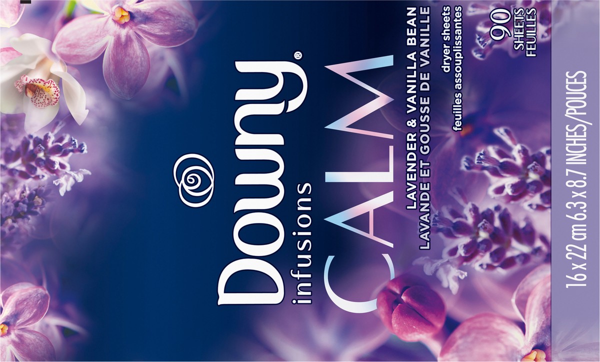 slide 3 of 9, Downy Infusions Fabric Softener Dryer Sheets, Calm, Lavender & Vanilla Bean, 90 count, 90 ct