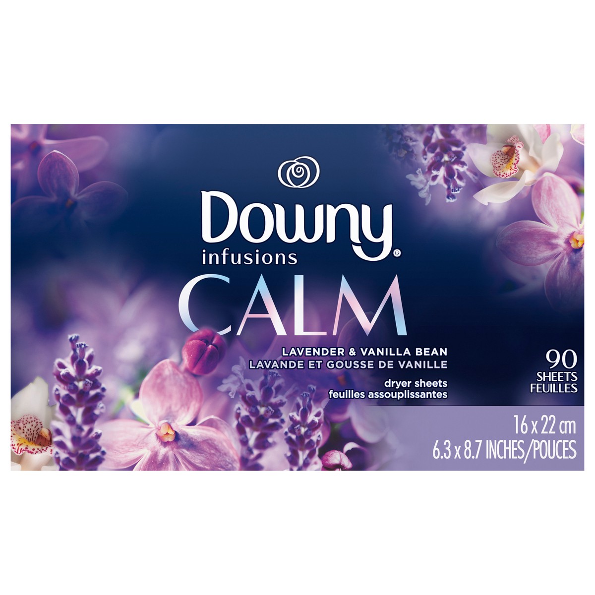 slide 5 of 9, Downy Infusions Fabric Softener Dryer Sheets, Calm, Lavender & Vanilla Bean, 90 count, 90 ct