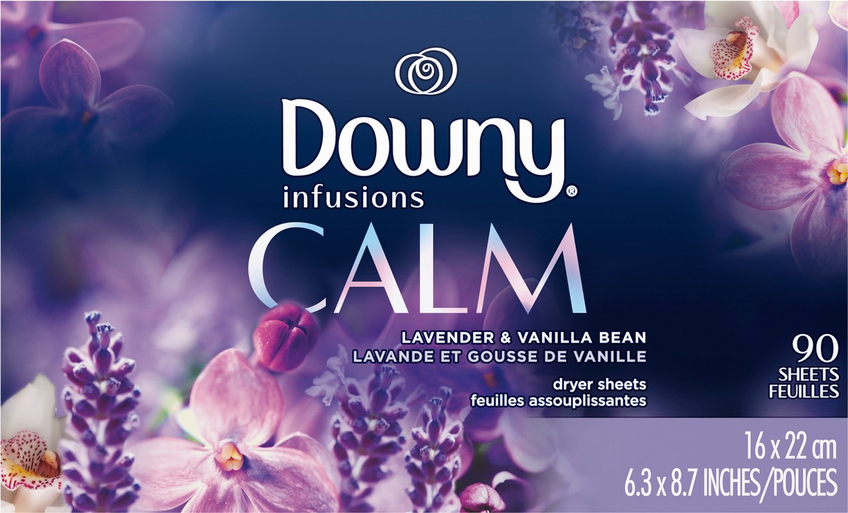 slide 7 of 9, Downy Infusions Fabric Softener Dryer Sheets, Calm, Lavender & Vanilla Bean, 90 count, 90 ct