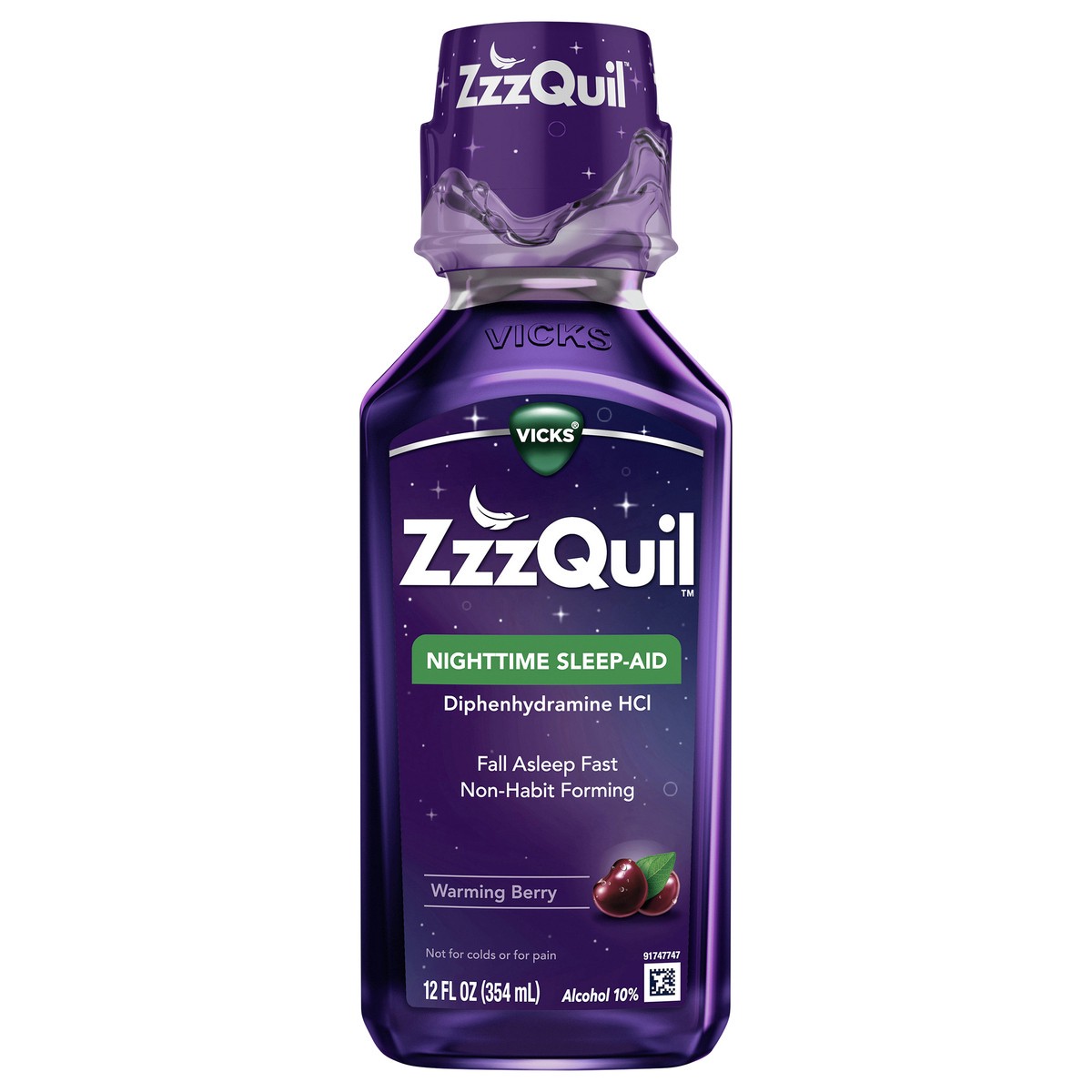 slide 1 of 4, Vicks ZzzQuil, Sleep Aid, Nighttime Sleep Aid Liquid, 50 mg Diphenhydramine HCl, Fall Asleep Fast, Non-Habit Forming, Warming Berry Flavor, 12 FL OZ, 12 fl oz