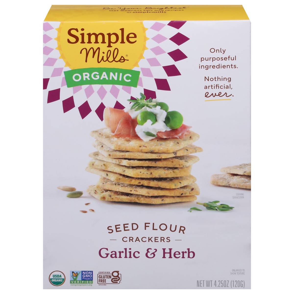 slide 1 of 9, Simple Mills Organic Seed Flour Garlic & Herb Crackers 4.25 oz, 1 ct