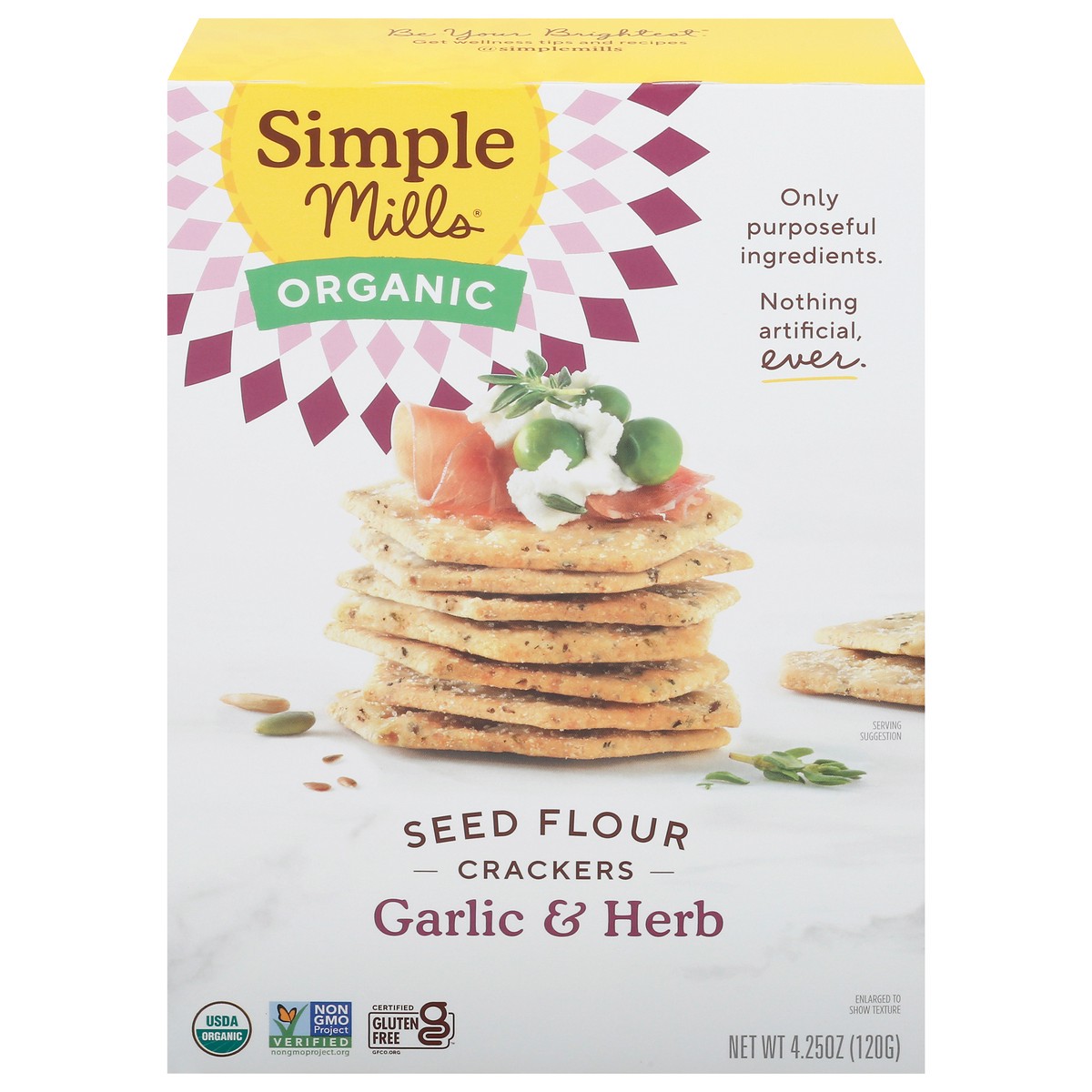 slide 1 of 9, Simple Mills Organic Garlic & Herb Seed Flour Crackers 4.25 oz Box, 1 ct