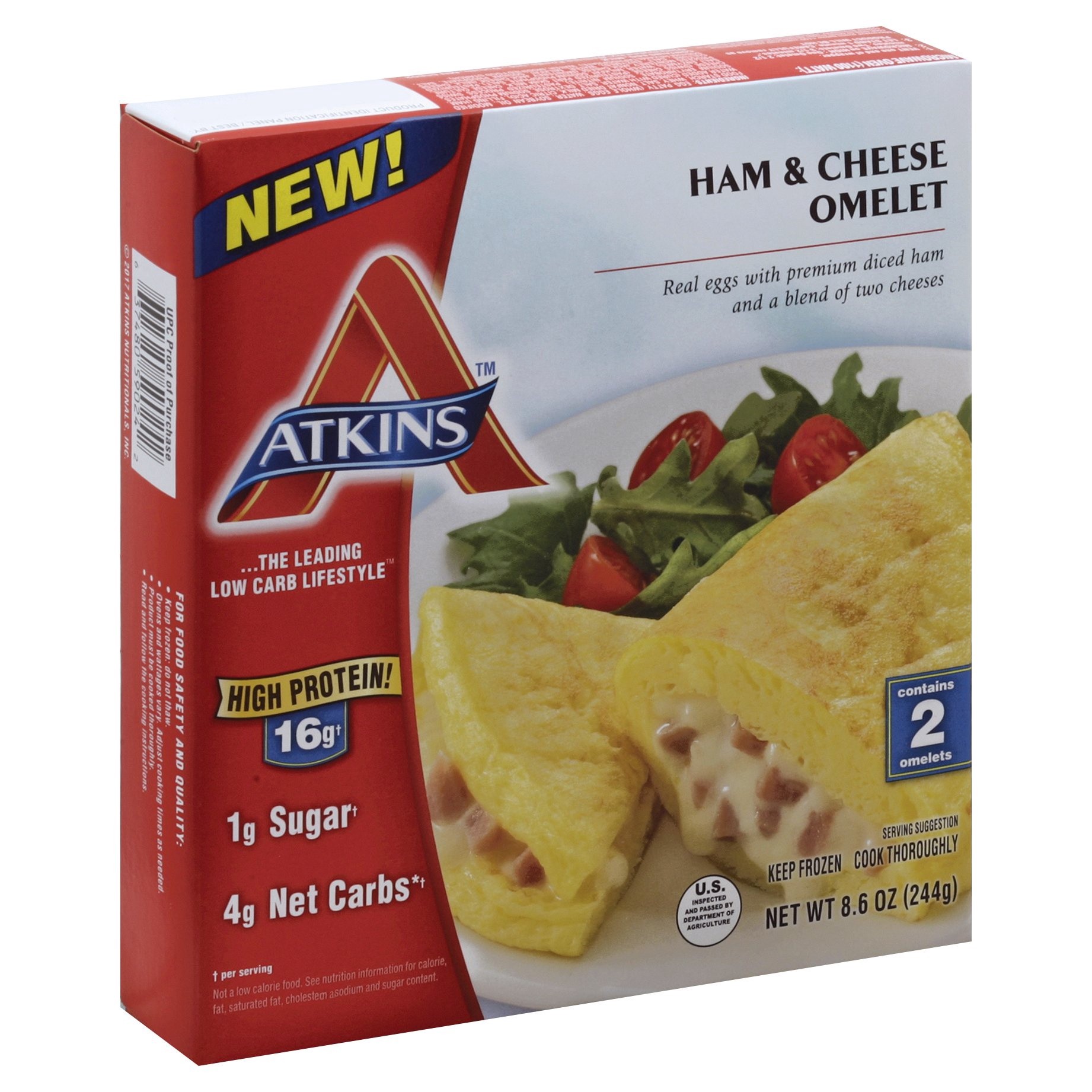 slide 1 of 8, Atkins Ham & Cheese Omelet, 8.6 oz