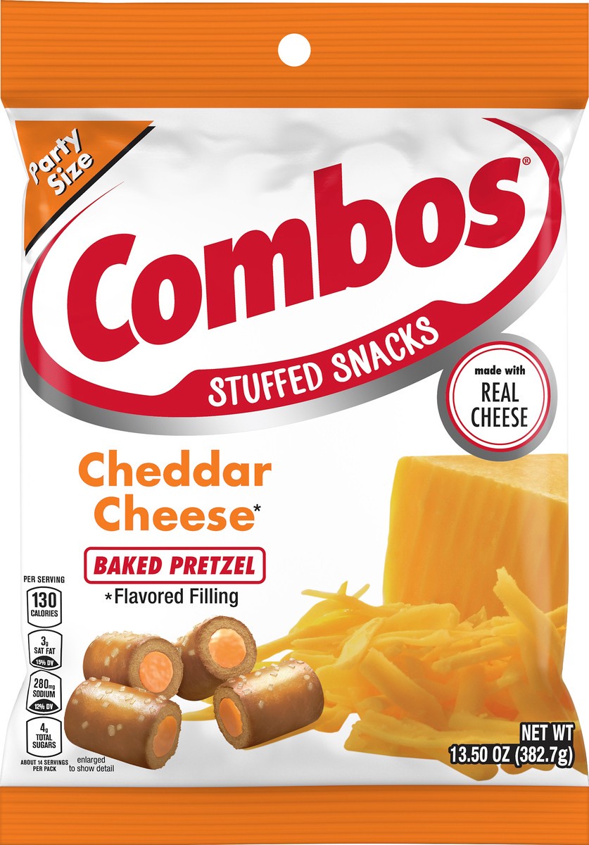 slide 1 of 7, COMBOS Party Size Baked Pretzel Cheddar Cheese Stuffed Snacks 13.5 oz, 13.5 oz