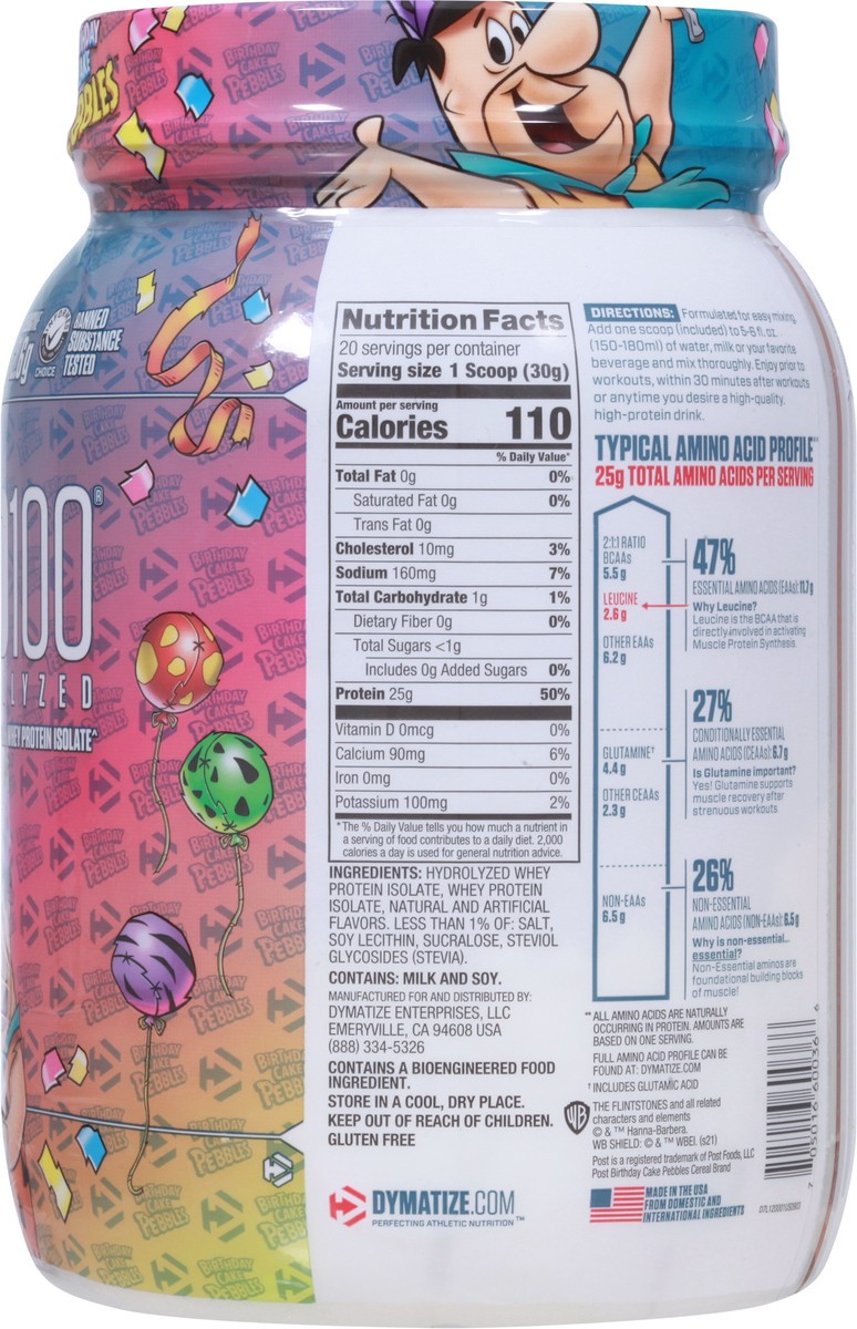 slide 11 of 13, Dymatize ISO 100 Hydrolyzed Birthday Cake Pebbles Protein Powder 21.1 oz, 21.1 oz