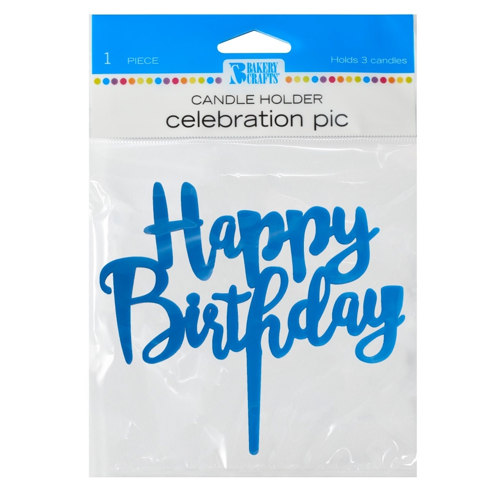 slide 1 of 1, Bakery Crafts Blue Happy Birthday Celebration Pic Candle Holder, 1 ct